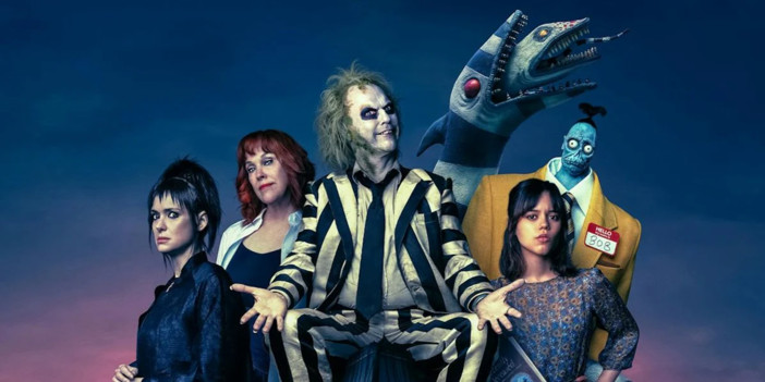 Un'immagine promozionale di Beetlejuice Beetlejuice - Al cast originale, che ritorna pressoché in toto, si è aggiunta la stella in ascesa Jenna Ortega (già Mercoledì Addams nella serie prodotta e parzialmente diretta da Burton)