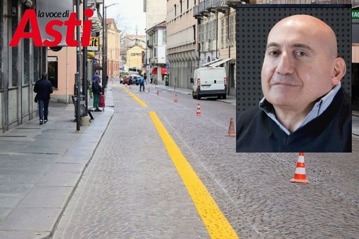 Marco Castaldo (nel riquadro) e la pista ciclabile di corso Alfieri