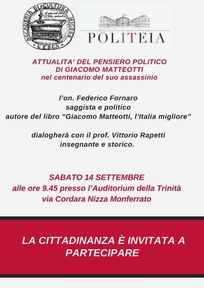 Nizza Monferrato ricorda Matteotti: un incontro per riflettere sul suo pensiero politico