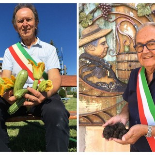Nel montaggio fotografico il sindaco di Dusino San Michele Valter Molino con gli zucchini e il collega di Roatto Bruno Colombo con il tartufo nero, prodotti tipici che animano gli eventi dei rispettivi paesi