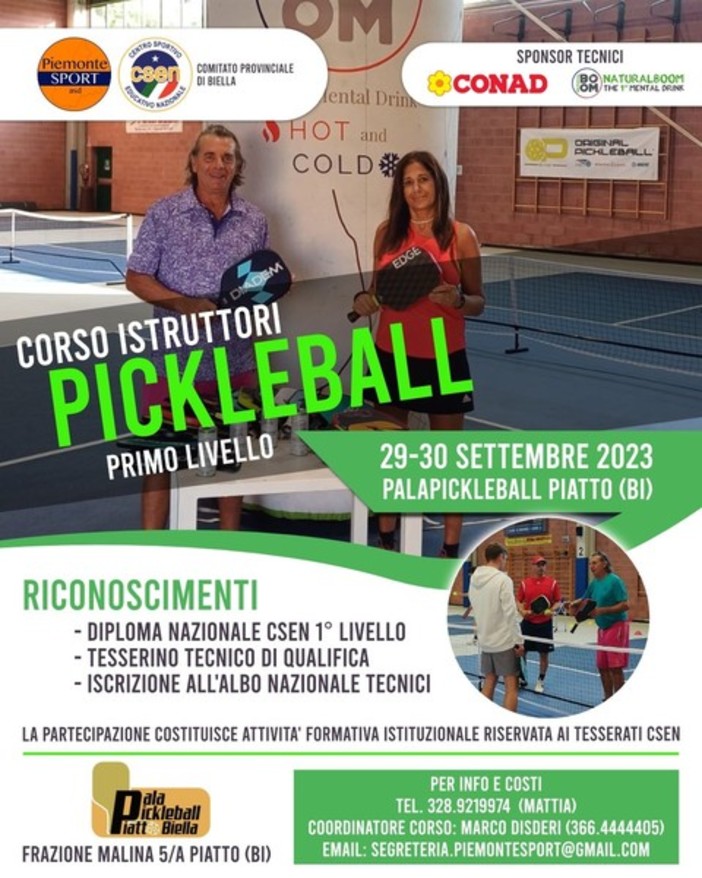 Pickleball: a Piatto, in provincia di Biella, il nuovo corso per diventare istruttore di 1° livello